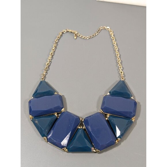Blue Cabochon Statement Necklace Geometric Bold Gold Tone 18" - Picture 2 of 8